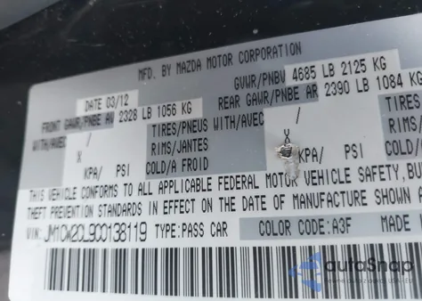 2012 Mazda Mazda5 Touring from USA, damaged, VIN JM1CW2CL9C0138119